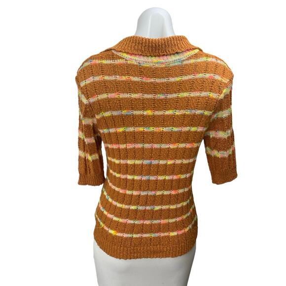 Free People Now and Then Brown Multicolor Striped Short Sleeve Knit Sweater Sz M - Picture 2 of 4